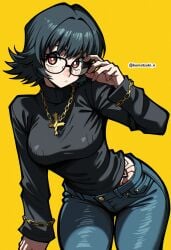 absurdres adjusting_glasses artist_name big_breasts black_hair black_sweater black_tattoo blue_jeans blue_pants blush blush_lines blushing breasts chain_bracelet chain_bracelets chain_necklace chains commentary cowboy_shot cross cross_necklace denim female glasses highres hunter_x_hunter inverted_cross jeans komatsuki_n large_breasts medium_hair pants phantom_troupe round_eyewear shizuku_murasaki short_hair simple_background solo spider_tattoo tattoo thick_thighs thighs twitter_username yellow_background