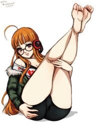 1girls ass ass_grab barefoot black_panties feet feet_up female female_human_feet female_only glasses legs_up long_hair megami_tensei minacream orange_hair panties persona persona_5 sakura_futaba shorts solo thighhighs_removed