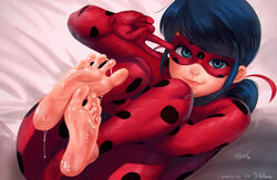 1girls barefoot blue_eyes blue_hair bodysuit cum_on_feet eyemask feet female female_only foot_fetish foot_focus holding_legs ladybug_(character) lying lying_on_back marinette_cheng marinette_dupain-cheng miraculous_ladybug signature smile soles solo toes twintails v wet_feet