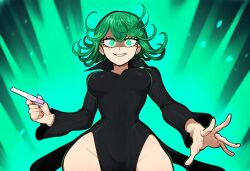 1girls ai_generated angry black_dress female green_hair implied_pregnancy looking_at_viewer medium_breasts novelai one-punch_man solo tatsumaki thick_thighs