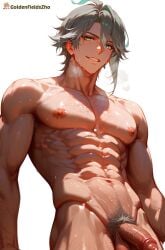 1boy abs ai_generated alhaitham_(genshin_impact) bara chest_hair completely_nude earrings erection genshin_impact goldenfieldszho green_eyes grey_hair jewelry large_pectorals looking_at_viewer male_focus male_pubic_hair muscular muscular_male navel nipples nude pectorals penis pubic_hair short_hair simple_background smile solo stomach sweat testicles uncensored veins white_background