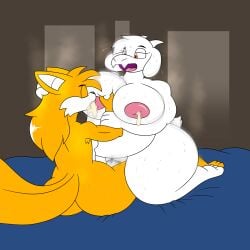 absurd_res aged_up anthro areola bed big_breasts blonde_hair blue_eyes bodily_fluids boss_monster_(undertale) bovid breastfeeding breasts canid canine caprine deltarune dirtymac female fox fur furniture genital_fluids goat hair hi_res male male/female mammal miles_prower miles_tails_prower nipples nursing_sex penetration pink_areola pink_nipples red_eyes sex sonic_(series) sonic_the_hedgehog_(series) steam sweat tails tails_the_fox toriel undertale undertale_(series) vaginal_fluids vaginal_penetration white_body white_fur yellow_body yellow_fur