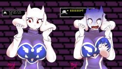 1girls 2d anthro big_breasts boss_monster breasts dress english_text female female_only furry furry_only groping_breasts horns huge_breasts humanoid large_breasts long_ears phrenpai shocked talking text toriel undertale undertale_(series)