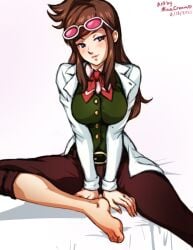 1girls ace_attorney barefoot black_eyes blue_eyes breasts brown_hair clothed_female ema_skye feet feet_only female female_only glasses gyakuten_saiban horny_female large_breasts long_hair minacream no_shoes open_shirt shirt shoes_removed smile solo thin_female