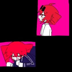 2females 2girls black_glasses blue_jacket drill_hair fucking kasane_teto open_mouth pleasure_face rabbit_hole_(deco*27/caststation) rabbit_hole_(vocaloid) red_eyes red_hair sweat sweatdrop sweating synthesizer_v twin_drills utau white_shirt