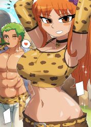 1boy 1girls abs athletic_female athletic_male bare_shoulders big_breasts clothed clothing color female green_hair hi_res large_breasts light-skinned_female light_skin long_hair looking_at_viewer male male/female muscles muscular muscular_male nami nami_(one_piece) one_piece orange_eyes orange_hair post-timeskip roronoa_zoro short_hair shounen_jump tagme thick_thighs tony_welt