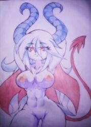 1girls blue_horn blue_horns breasts demon demon_girl female female_only hiseki_mashiruka hiseki_mashiruka_(jakatoshi) jakatoshi oc original_character red_eyes red_wings silver_hair solo solo_female traditional_art traditional_media_(artwork) white_body white_skin