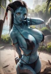 1girls ai_generated alien avatar avatar:_the_way_of_water bikini black_hair blue_skin large_breasts looking_at_viewer na'vi neytiri pointy_ears smiling smiling_at_viewer