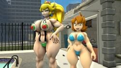 2girls 3d 3d_(artwork) axelabla2005 big_breasts big_thighs bikini black_nails blonde_hair blue_bikini blue_eyes bowsette breasts brown_hair cleavage crossover crown curvy duo earrings female female_only grey_eyes hand_on_hip horns huge_breasts huge_thighs large_breasts large_thighs light-skinned_female light_skin lips lipstick looking_at_viewer mario_(series) mighty_switch_force muscular nintendo open_mouth patricia_wagon pointy_ears ponytail pool sharp_teeth short_hair size_difference sling_bikini thick thick_hips thick_thighs thighs tied_hair wayforward wide_hips