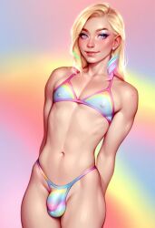 1boy 1femboy ai_generated arms_behind_back better_than_girls bikini bikini_bottom bikini_top blonde_hair blush bra bulge bulge_through_clothing colorful colorful_background cute cute_boy cute_male erect_nipples erect_nipples_under_clothes femboy femboy_only feminine feminine_body feminine_male feminine_pose girly light-skinned_male light_skin long_hair looking_at_viewer male male_focus male_only mostly_nude multicolored_hair navel original original_character panties panty_bulge perfect_body phoenixeugene pose posing purple_eyes self_upload simple_background smile solo solo_focus solo_male stable_diffusion standing thighs trap underwear underwear_only