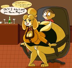 1boy 1futa 2024 animal_crossing anthro big_ass big_butt bulge chair furry futa_focus futanari huge_ass huge_butt human human_on_anthro hyper hyper_ass implied_futanari implied_penetration isabelle_(animal_crossing) male male_on_futa nintendo sitting_on_lap solo_focus specnsfw speech_bubble sweat sweaty sweaty_ass sweaty_butt talking text villager_(animal_crossing)