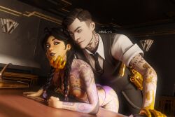 3d 3d_(artwork) asphyxiation bent_over bent_over_table black_hair blender blender_(software) blender_cycles braided_hair brown_hair clothed dry_humping family_breeding father_and_daughter fortnite fortnite:_battle_royale green_eyes hand_around_neck hand_on_neck incest incest_(lore) jules_(fortnite) male/female midas_(fortnite) older_male_and_younger_female pale-skinned_male pale_skin panties smug strangling tan_body tan_skin tattoo tattoos tattoos_everywhere topless topless_female undead_h34d