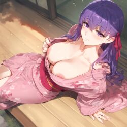 1girls 2d ai_generated big_breasts blush breasts cleavage fate/grand_order fate_(series) huge_breasts japanese_clothes kimono matou_sakura nipples open_clothes purple_eyes purple_hair