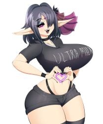 1girls big_breasts black_hair breasts busty curvy elara_(vtuber) elf elf_ears elf_female goth goth_girl hair_over_one_eye heart heart-shaped_pupils lipstick makeup pointy_ears purple_eyes shirt short_hair simple_background t-shirt thick_thighs thighs virtual_youtuber white_background