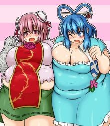 bbw belly_overhang big_belly big_female blue_hair blush chubby chubby_female embarrassed fat fat_female fat_fetish fat_girl fat_woman fatty kasen_ibaraki large_female obese obese_female overweight overweight_female pink_hair plump pork_chop seiga_kaku thick_thighs touhou tubby weight_gain