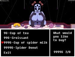 1girls 2d areola areolae big_breasts bow breasts duct_tape english_text female female_focus female_only game_ui gameplay_mechanics huge_breasts humanoid milffet muffet nipples pixel_(artwork) pixel_art purple_body spider_girl spider_humanoid tagme text undertale undertale_(series) xmelomor24x