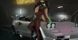 3d 3d_(artwork) areola areolae blender blender_(software) blender_cycles breasts car casual completely_naked completely_naked_female completely_nude completely_nude_female dark-skinned_female dark_skin female lamborghini long_hair looking_at_viewer marina_(splatoon) marina_(wo262) neon_lights nipples no_bra no_panties outdoors outside pinup splatoon splatoon_2 street tealgerudo tentacle watermark