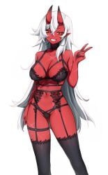 akumi big_breasts breasts female horns oni oni_horns red_skin scars virtual_youtuber vyugen white_hair yellow_eyes yoclesh