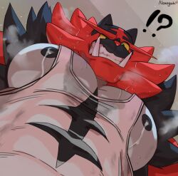 1boy big_pecs bodily_fluids feline gay incineroar male male_only muscular muscular_male nekogaki0324 nipples partially_clothed pecs pokemon pokemon_(species) shirt solo solo_focus solo_male sweat