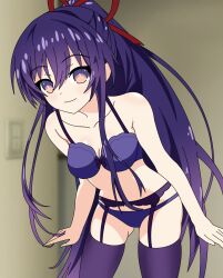 1girls artist_request bra breasts date_a_live garter_belt hibiki_maid(artist) light-skinned_female long_hair panties purple_eyes purple_hair thighs underwear yatogami_tohka