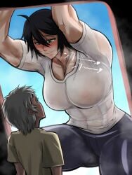 anime_style arms_up big_breasts black_hair chequita height_difference johnathan_mar jormungand light-skinned_female looking_down muscular_female see-through short_hair size_difference steam thick_thighs young