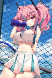 14chendoe 1girls azur_lane belly_button bremerton_(azur_lane) drinking_from_thermos exposed_breasts nipple_bulge pink_hair see-through_clothing skirt sweat tennis_racket tennis_uniform thermos underboob