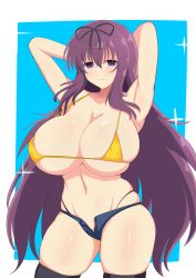 absurdres arms_behind_head arms_up bikini black_thighhighs blue_background breasts cropped_legs expressionless female hair_ribbon highres huge_breasts long_hair looking_at_viewer murasaki_(senran_kagura) navel ninimu-home purple_eyes purple_hair ribbon senran_kagura short_shorts shorts solo swimsuit thighhighs thighs unzipped yellow_bikini