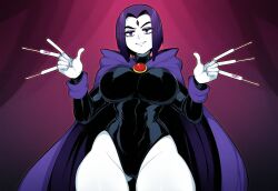 ai_generated cameltoe dc_comics female grey_skin implied_pregnancy large_breasts looking_at_viewer novelai pregnancy_test purple_hair rachel_roth raven_(dc) smile solo