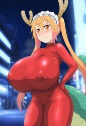 1girls ai_generated blonde_hair blush bodysuit breasts_bigger_than_head city eroeroai female horns huge_breasts long_hair maid maid_headdress miss_kobayashi's_dragon_maid smile solo tohru_(dragon_maid) twintails