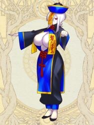 areola_peek blue_clothing flat_shoes flats huge_breasts jaeger_sixth jiangshi jiangshi_costume red_eyes white_hair white_skin