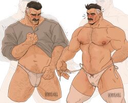 1boy arm_hair artist_name bara blush chest_hair dilfborne_(ventiskull) facial_hair grey_hair grey_shirt highres invincible_(series) large_pectorals male_focus male_underwear mature_male moustache multicolored_hair muscular muscular_male navel nipples nolan_grayson pectorals shirt short_hair thick_thighs thighs thong two-tone_hair underwear white_male_underwear