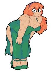 bent_over circle_glasses freckles_on_body green_clothing hair_band orange_hair refresh_rm tagme tagme_(character) wink winking winking_at_viewer