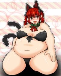 bbw belly_overhang big_belly big_female blush cat_ears chubby chubby_female embarrassed fat fat_female fat_fetish fat_girl fat_woman fatty large_female obese obese_female overweight overweight_female plump pork_chop red_hair rin_kaenbyou sweat sweatdrop sweating thick_thighs touhou tubby twintails weight_gain