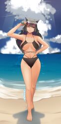 amber_eyes beach black_hair blake_belladonna cat_ears catgirl faunus large_breasts long_hair nipple_slip one_eye_closed rwby seaside sunglasses_on_head swimsuit z666ful