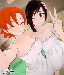 2024 2girls 3d bathhouse black_hair closed_eyes color digital_art fefreak726 female female_only hand_on_head hand_on_waist happy human koikatsu light-skinned_female light_skin multicolored_hair multiple_girls nora_valkyrie one_eye_closed orange_hair peace_sign red_hair rooster_teeth ruby_rose rwby selfie short_hair silver_eyes smile smiling towel towel_only two_tone_hair yuri