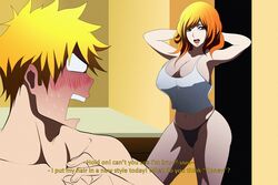 1boy 1boy1girl 1girls alternate_hairstyle arms_behind_head arms_up bare_legs bare_shoulders before_sex big_breasts bleach blue_eyes blush breasts cleavage commentary couple curvaceous curvy curvy_body curvy_female curvy_figure derivative_work dialogue female gairon huge_breasts ichigo_kurosaki inoue_orihime light-skinned_female light-skinned_male light_skin male male/female male_with_female married midriff nipples no_bra oldhorrorz open_mouth open_smile orange_hair panties parted_bangs posing seducing shirtless shounen_jump sleeveless sleeveless_shirt slim_waist standing surprised talking tank_top text underwear visible_nipples wide_hips