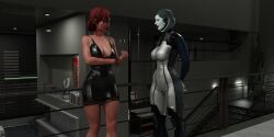 2girls 3d big_breasts big_butt bodysuit commander_shepard dress edi elmeistro female_focus female_only femdom femshep fit_female green_eyes high_heels mass_effect mass_effect_3 red_hair thighs tight_clothes tight_clothing