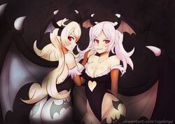 2girls alternate_costume ass bare_shoulders bat_print bat_wings breasts capcom clothing corrin_(fire_emblem) corrin_(fire_emblem)_(female) cosplay darkstalkers female fire_emblem fire_emblem_awakening fire_emblem_fates grima_(fire_emblem) huge_ass large_ass large_breasts long_hair looking_at_viewer looking_back medium_breasts monster_girl morrigan_aensland_(cosplay) naughty_face nintendo platinum_blonde_hair raydango robin_(fire_emblem) robin_(fire_emblem)_(female) seductive_smile silver_hair thick_thighs twintails