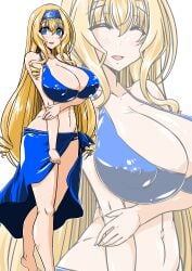 1girls arm_under_breasts barefoot big_breasts bikini blonde_hair blue_bikini blue_eyes blush bow breasts busty cecilia_alcott cleavage closed_eyes covered_erect_nipples curvy drill_hair feet female female_only grabbing_own_arm hairband hairbow happy highres huge_breasts infinite_stratos legs long_hair looking_at_viewer navel open_mouth sarong smile solo swimsuit thick_thighs thighs toned very_long_hair voluptuous