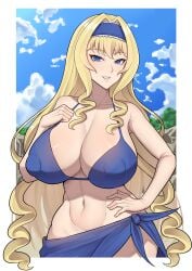 1girls band-width big_breasts bikini blonde_hair blue_eyes blue_headband blue_sarong blue_sky breasts busty cecilia_alcott cleavage cloud collarbone confident covered_nipples erect_nipples_under_clothes hair_intakes hand_on_hip headband highres infinite_stratos large_breasts linea_alba long_hair navel pose posing sarong seductive seductive_look seductive_smile sensual sky smile solo stomach swimsuit toned