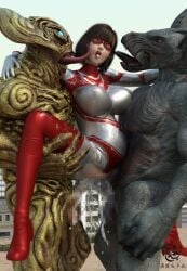 1girls 2boys 3d ahe_gao ahegao alien alien_girl alien_humanoid breasts brown_hair building building_destruction building_sex city cum cumflation double_penetration excessive_cum female female_penetrated heroine human inflation licking losing losing_fight monster monster_rape rape tight_clothing ultraman_(franchise) ultrawoman ultrawoman_katia