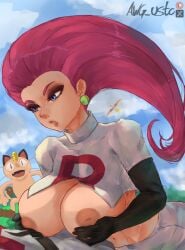 1boy1girl awg_usto big_breasts cleavage jessie_(pokemon) meowth_(team_rocket) nintendo no_bra paizuri pokemon red_hair team_rocket titfuck titjob