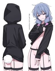 1girls black_garter_straps black_hoodie blue_eyes blue_hair bottomless caststation clothes_lift covering_crotch covering_pussy fake_tail fingernails fishnet_stockings fishnet_thighhighs fishnets from_behind garter_straps hatsune_miku hood_down hood_up hoodie hoodie_lift lifted_by_self looking_at_viewer mask mask_lift mouth_mask multicolored_hair multiple_views mv_character navel navel_piercing no_panties piercing pink_hair price_tag rabbit_hole_(deco*27/caststation) rabbit_hole_(vocaloid) rabbit_tail short_hair simple_background smile stomach tail thighhighs white_background white_mask