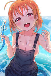 1girls big_breasts breasts earrings hose love_live! love_live!_sunshine!! mostly_clothed naked_overalls open_mouth orange_hair overalls red_eyes takami_chika tem10 water water_hose