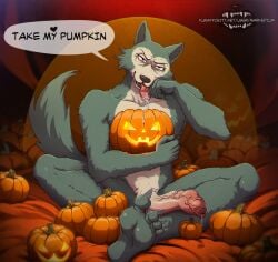 anthro beastars bodily_fluids canid canine canis dialogue dripping english_text feet food foreskin fruit genital_fluids genitals halloween halloween_theme heart_symbol hi_res hindpaw holidays humanoid_feet humanoid_genitalia humanoid_penis jack-o'-lantern leaking_precum legoshi_(beastars) long_foreskin male mammal markedium nude paws penis plant plantigrade precum precum_drip pumpkin saliva saliva_string sitting soles solo speech_bubble text tongue tongue_out unretracted_foreskin vein veiny_foreskin veiny_penis wolf