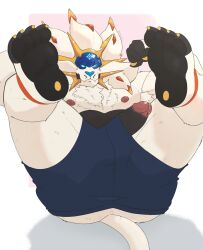 2024 abs anthro ass biceps bodily_fluids bottomwear bulge chest_tuft claws clothed clothing dripping erection feet finger_claws flexing flexing_bicep fur generation_7_pokemon genital_fluids genitals hi_res humanoid_genitalia humanoid_penis kiba24 legendary_pokemon legs_up looking_at_viewer lying male muscular muscular_anthro muscular_male nintendo nipples on_back pawpads pecs penis pokemon pokemon_(species) poking_out precum precum_drip precum_on_penis presenting presenting_hindquarters quads shorts solgaleo solo toe_claws topless triceps tuft vein veiny_penis wardrobe_malfunction