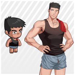 1boy absurdres armpit_hair armpit_hair_peek bara black_tank_top boxers character_request chibi cowboy_shot ero_condo facial_hair goatee_stubble highres hoan_nguyen kienbiu light_smile male_focus male_only male_underwear masculine official_alternate_costume paid_reward_available pectorals penis penis_peek short_hair sidepec simple_background solo standing stubble tank_top toned toned_male underwear