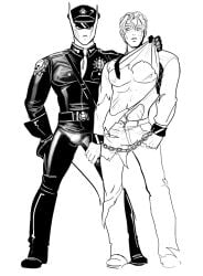 bdsm_outfit bondage handcuffs herzspatler holding_whip jojo's_bizarre_adventure killer_queen leather_jacket male/male male_chest male_only no_sex no_visible_genitalia pecs police_uniform ripped_clothing yoshikage_kira