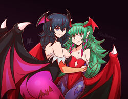 2girls ass bare_shoulders bat_print bat_wings blue_eyes blue_hair blush breasts byleth_(fire_emblem) byleth_(fire_emblem)_(female) capcom clothing cosplay darkstalkers female female_only fire_emblem fire_emblem:_three_houses fire_emblem_heroes flat_chest green_eyes green_hair huge_ass large_ass large_breasts lilith_aensland_(cosplay) long_hair looking_at_viewer looking_back medium_breasts medium_hair morrigan_aensland_(cosplay) multiple_girls naughty_face nintendo raydango seductive_smile small_breasts smile sothis_(fire_emblem) thick_thighs