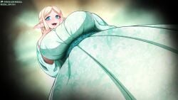 big_breasts blonde_hair braided_hair coill_city_(neocoill) elf_ears elf_female elysia_(neocoill) female_only hand_on_breasts hand_on_chest hand_on_face kimono large_breasts neocoill no_dialogue patreon patreon_username shocked_expression shocked_eyes shocked_look teal_eyes